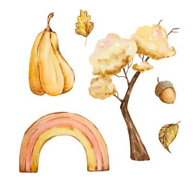 Watercolor set of cozy autumn, cute elements isolated on white background