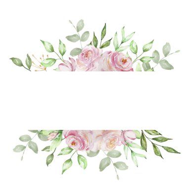 Narin pembe güller ve yeşil yapraklardan oluşan suluboya çerçeve pankartı