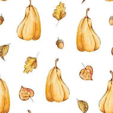 Autumn seamless pattern of watercolor elements, pumpkin, leaves and acorns