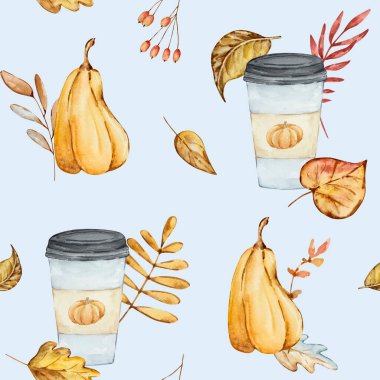 Autumn cozy seamless pattern of watercolor elements, pumpkin, coffee and leaves on a blue background background