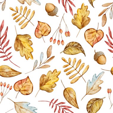Autumn cozy seamless pattern of watercolor bright leaves and branches on a white background