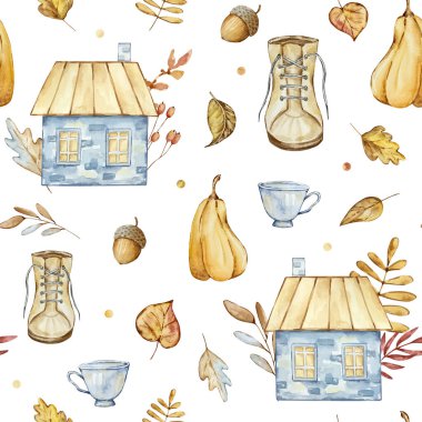 Autumn cozy seamless pattern of watercolor elements, house, botanicals, pumpkin and leaves on a white background