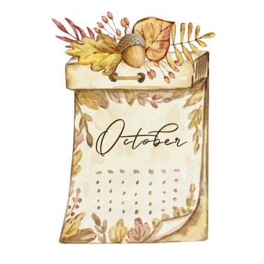 Watercolor illustration of October calendar with autumn leaves on white background