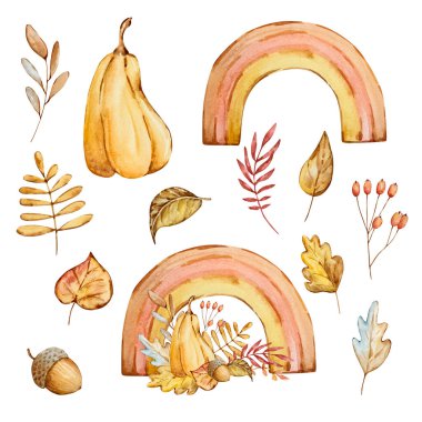Watercolor autumn composition rainbow, pumpkin and leaves isolated on white background