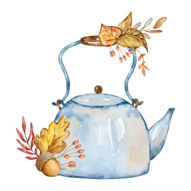 Watercolor illustration of a blue teapot with autumn leaves on a white background