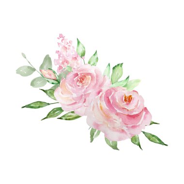 Bir buket narin gül ve yeşil yapraklı suluboya.