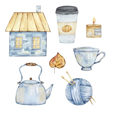 Watercolor set of cozy autumn, cute elements isolated on white background