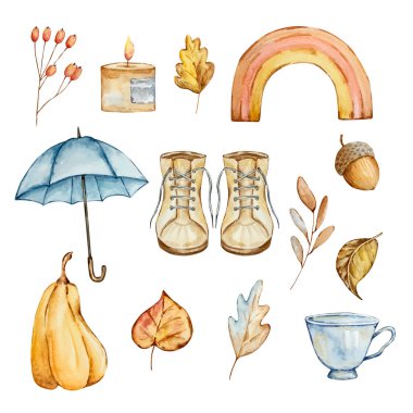 Watercolor set of cozy autumn, cute elements isolated on white background