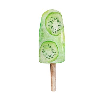 Çubukta kivi dilimli suluboya yeşil dondurma.