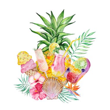 Kokteyl ve tropik çiçeklerle suluboya ananas