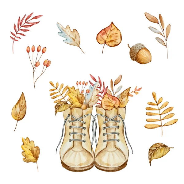 Watercolor Autumn Composition Boots Leaves Isolated White Background — Stock Fotó