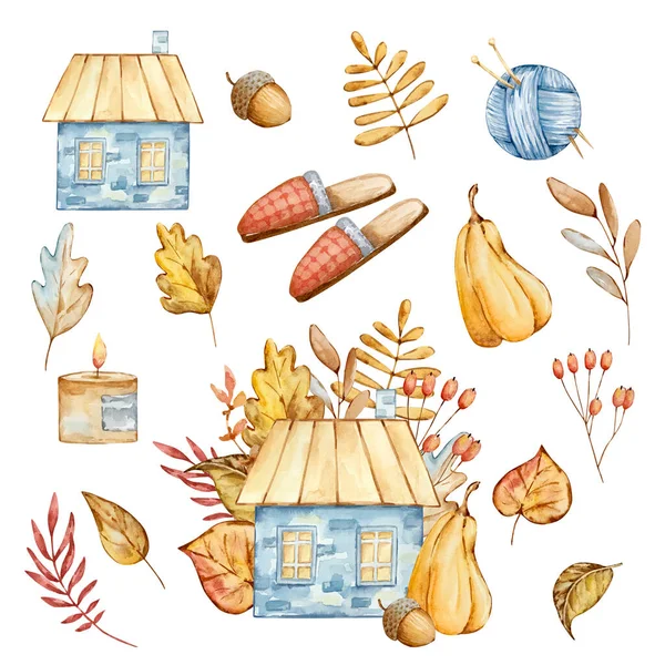 Watercolor Autumn Composition House Pumpkin Slippers Candle Leaves Isolated White — Φωτογραφία Αρχείου