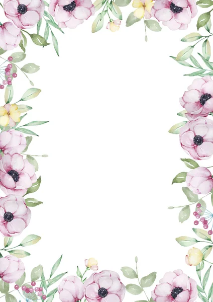 Pembe şakayık ve yaprakların suluboya çerçevesi