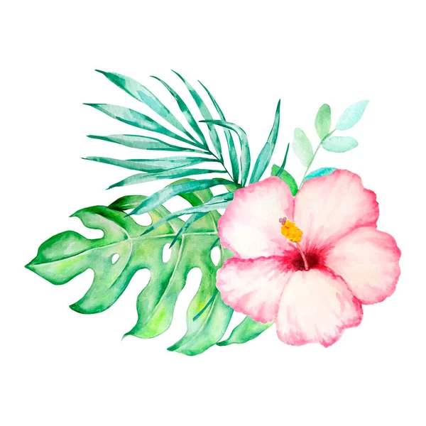 Akvarel Tropická Kytice Ibišku Květiny Tropické Listy — Stock fotografie