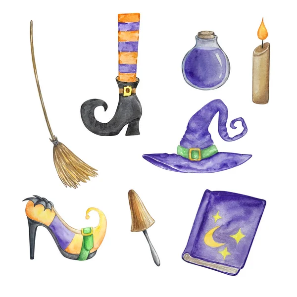 Watercolor halloween set of witch hat, broom, spell book and shoe on white background
