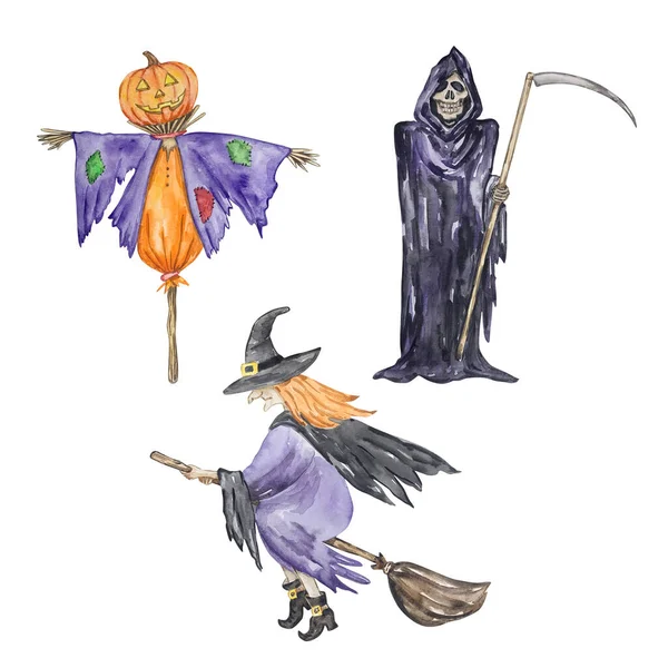 Akvarell Halloween Uppsättning Reaper Med Lie Fågelskrämma Och Häxa Vit — Stockfoto