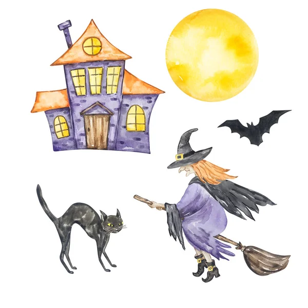 Watercolor halloween set of haunted house, witch and cat on white background