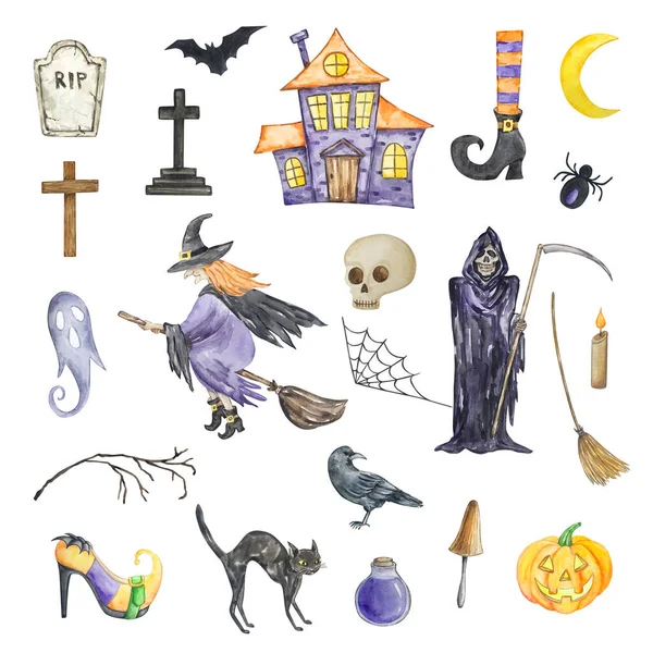 Watercolor halloween set of witch, reaper, haunted house and other isolated elements