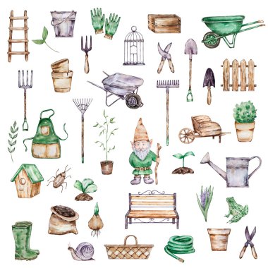 Suluboya büyük bahçe aletleri, el arabası, tencere ve diğer elementler