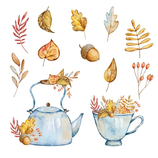 Watercolor Autumn Composition Blue Teapot Cup Leaves Isolated White Background — Stockfoto