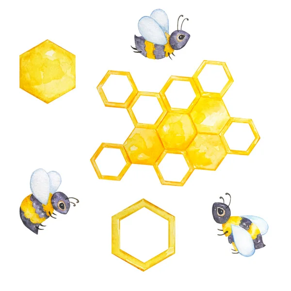 Watercolor Honey Set Bees Honeycombs White Background — 图库照片