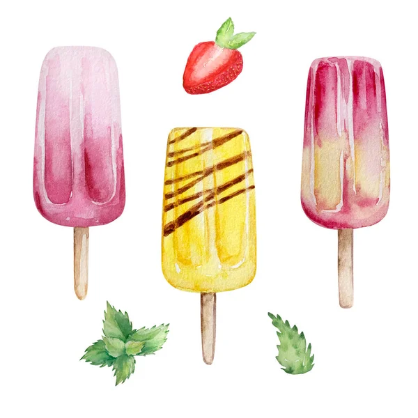 Watercolor set of fruit ice creams on a stick with berrie
