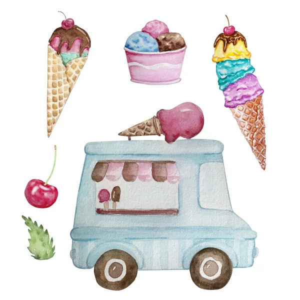 水彩缤纷的冰淇淋锥和冰淇淋店 — 图库照片