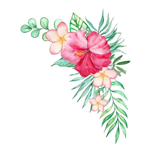 Watercolor tropical bouquet of hibiscus flowers and tropical leaves