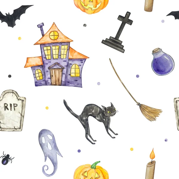 Halloween Sömlös Mönster Akvarell Element Hemsökt Hus Katt Pumpa Gravsten — Stockfoto