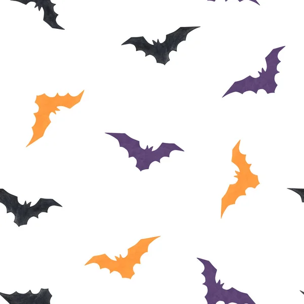 Halloween Naadloos Patroon Van Aquarelelementen Van Kleurrijke Vleermuizen Een Witte — Stockfoto