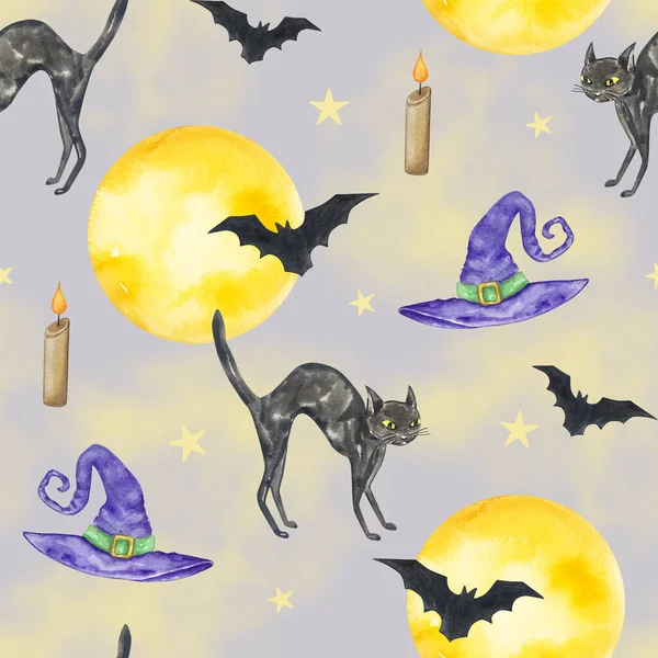 Halloween Sömlös Mönster Akvarell Element Månen Katt Fladdermöss Lila Gul — Stockfoto