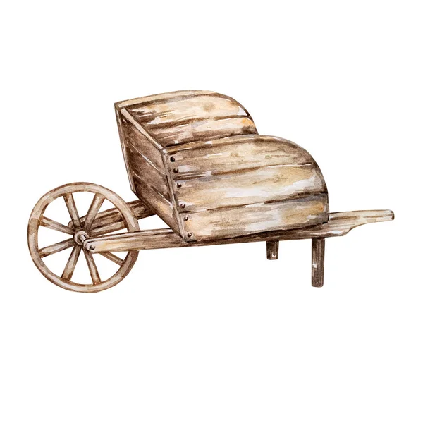 Watercolor Garden Wooden Brown Cart — Foto Stock