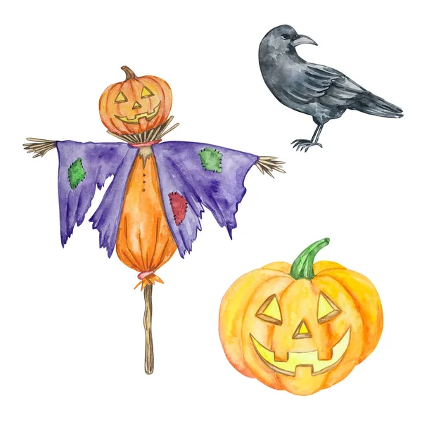 Watercolor halloween set of scarecrow, pumpkin and crow on white background