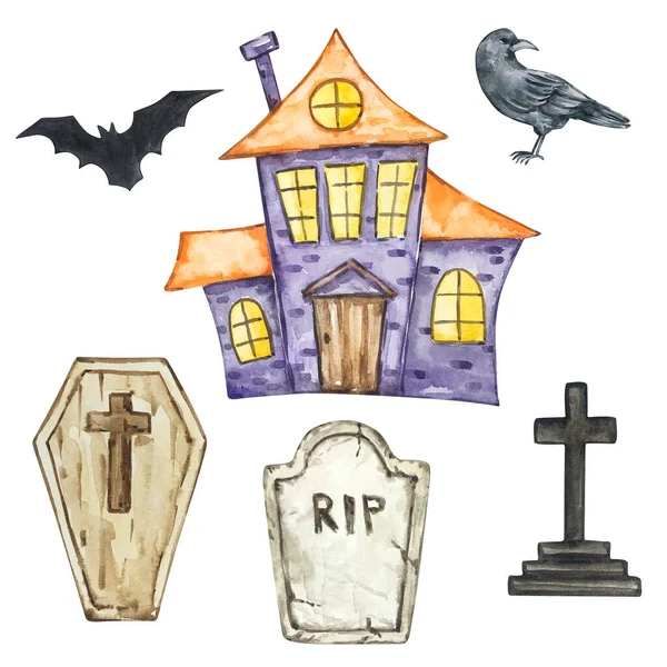 Watercolor halloween set of haunted house, coffin and tombstone on white background