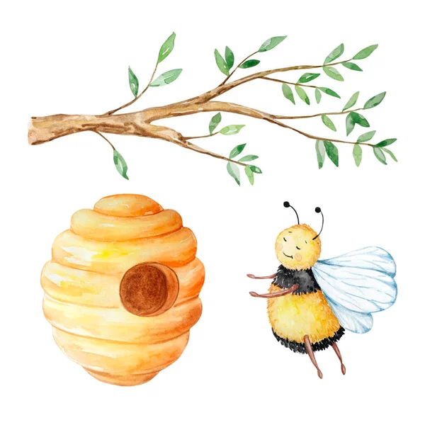 Sada Akvarel Med Strom Větev Včely Izolované Bílém Pozadí — Stock fotografie