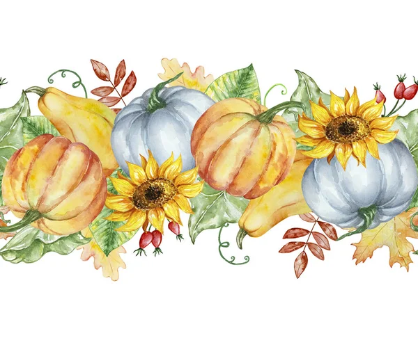 Seamless autumn border with watercolor pumpkins, leaves and sunflowers for print and design