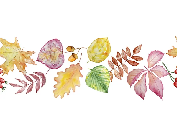 Seamless autumn border with watercolor leaves for print and design