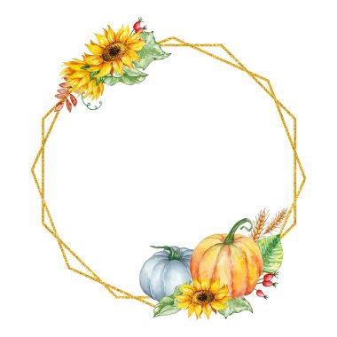 Altın geometrik çerçeve, suluboya balkabakları, ayçiçekleri ve basım ve davetiyeler için yapraklarla