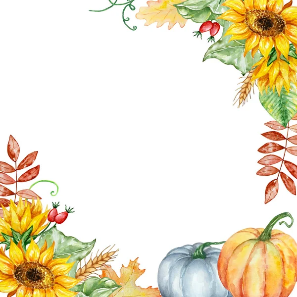 Watercolor autumn frame of pumpkins, sunflowers and leaves for prints and invitations
