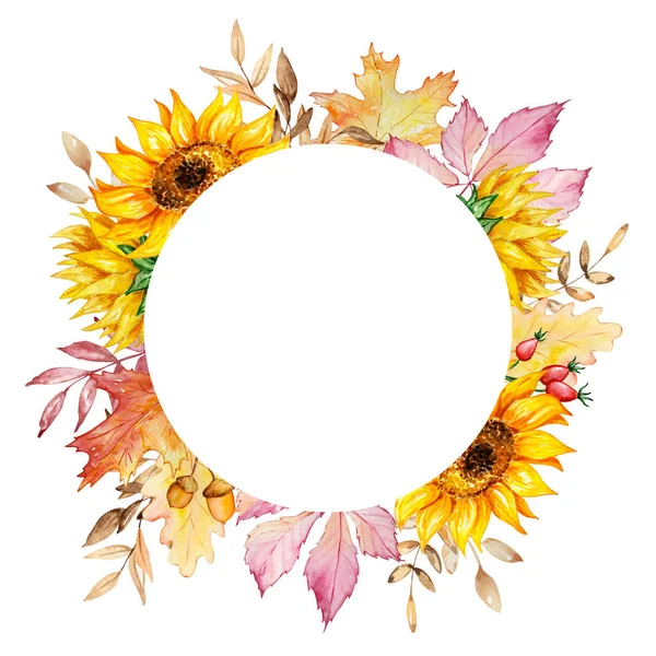 Watercolor autumn round frame of sunflowers, berries and leaves for prints and invitations