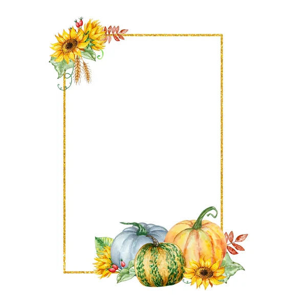 Golden rectangular frame with watercolor pumpkins, sunflowers and leaves for printing and invitations