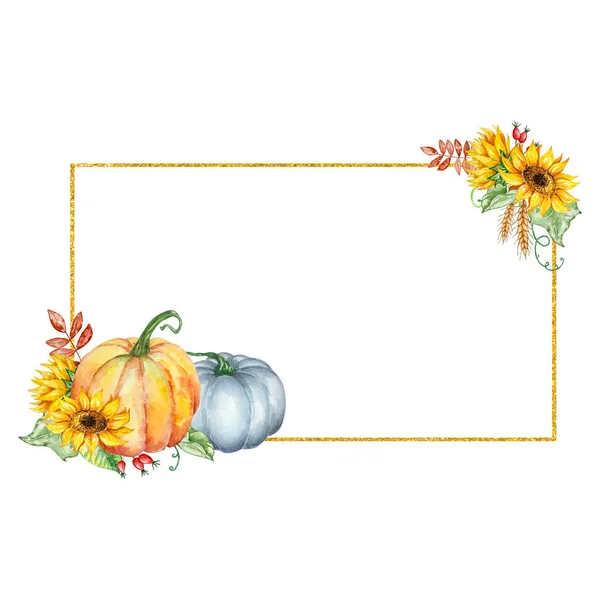 Golden rectangular frame with watercolor pumpkins, sunflowers and leaves for printing and invitations