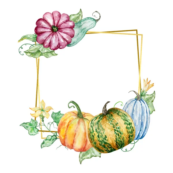 Golden square frame with watercolor pumpkins, flowers and leaves for prints and invitations