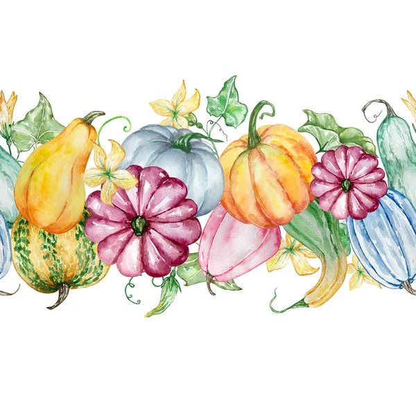 Seamless autumn border with watercolor pumpkins, leaves and flowers for print and design