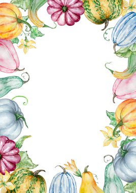 Kabakların suluboya sonbahar çerçevesi, çiçekler ve yapraklar baskılar ve davetiyeler için