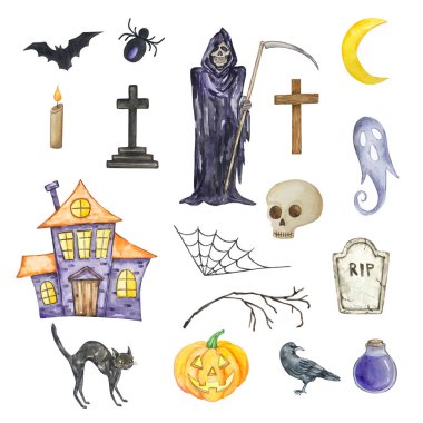 Azrail, mezar taşı, hayalet ve diğer izole elementlerden oluşan suluboya cadılar bayramı seti