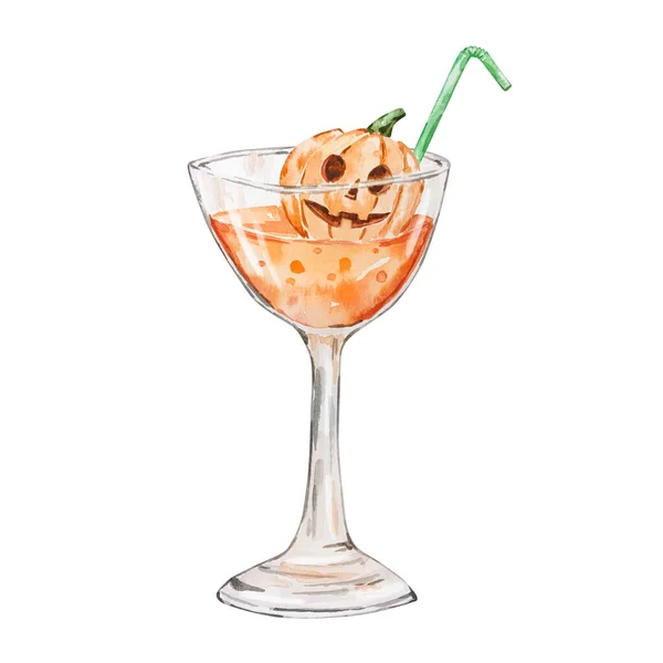 Aquarel Halloween Oranje Cocktail Met Pompoen Geïsoleerd — Stockfoto