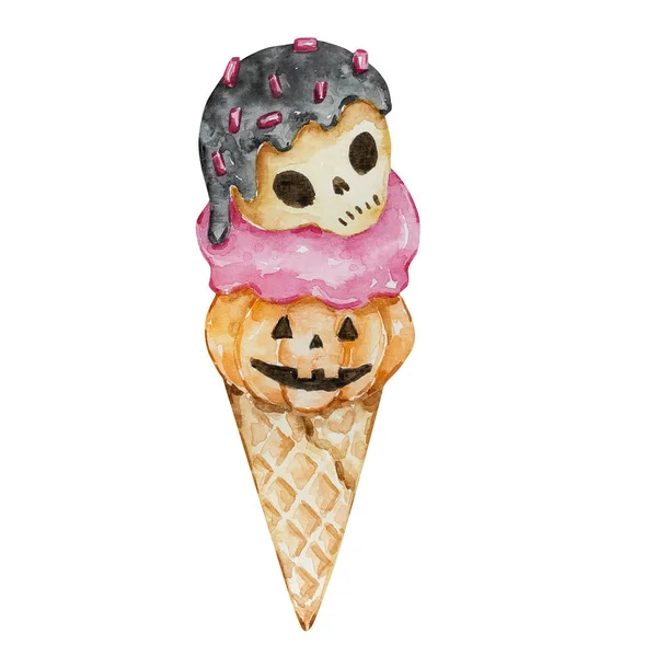 Watercolor Halloween Spooky Ice Cream Pumpkin Skull Isolated — Stock Photo, Image