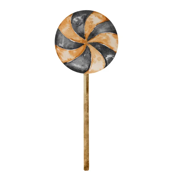 Watercolor Halloween Lollipop Black Orange Stripes Isolated — Stock Photo, Image