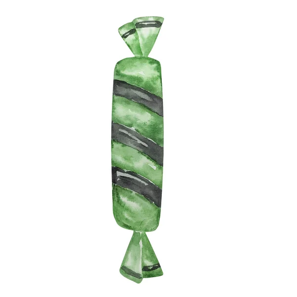 水彩画万圣节糖果包装与绿色和黑色条纹隔离 — 图库照片